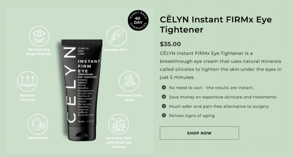 Celyn Cosmetics Instant FIRMx Eye Tightener product entry, from CelynCosmetics.com, a now-defunct website, where sham products were being sold, reportedly with no ingredients listed, and with damaging or entirely ineffective results.
